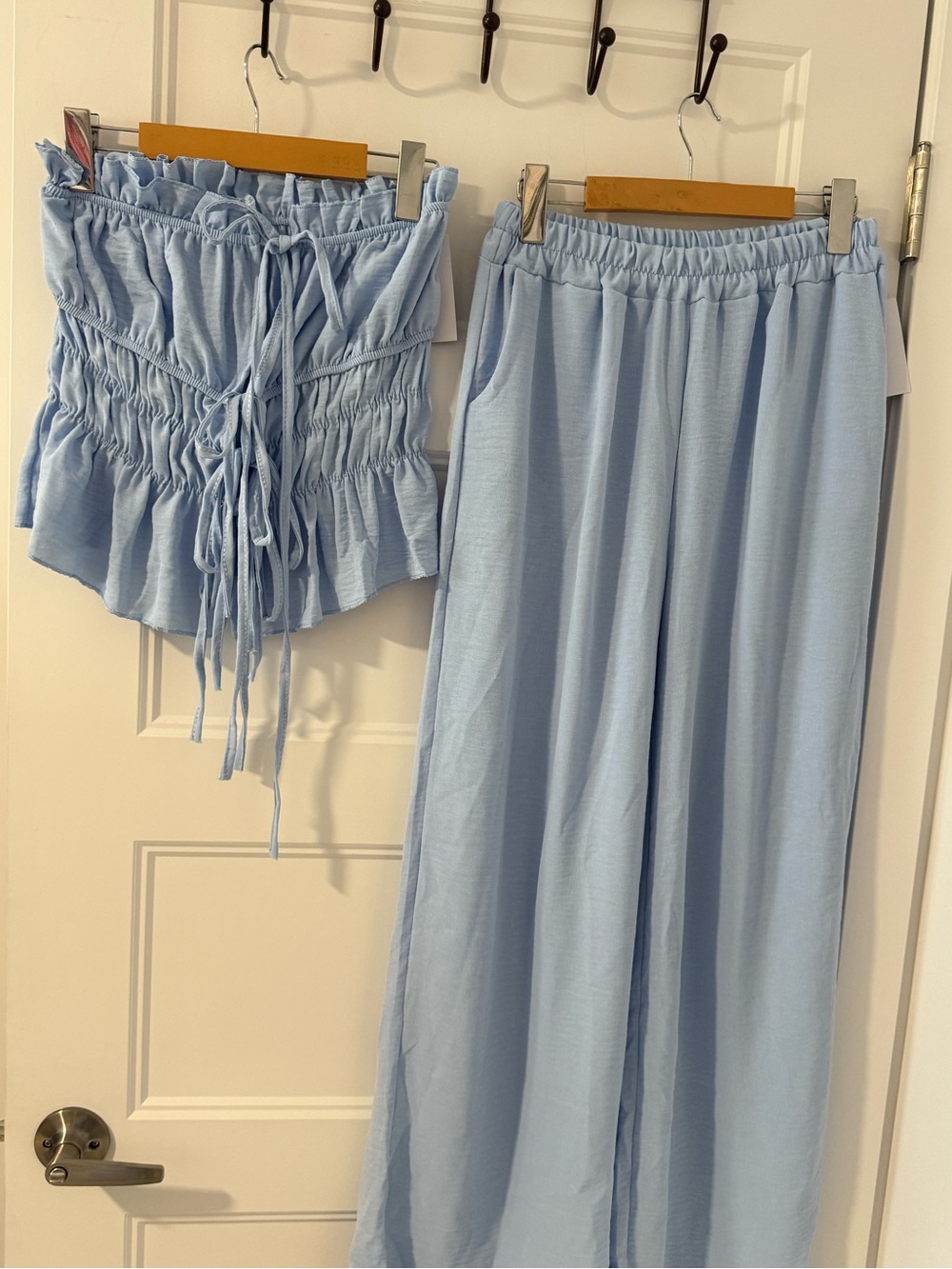 Light Blue Women's Smocked Crop Top & Wide Leg Pants Set
